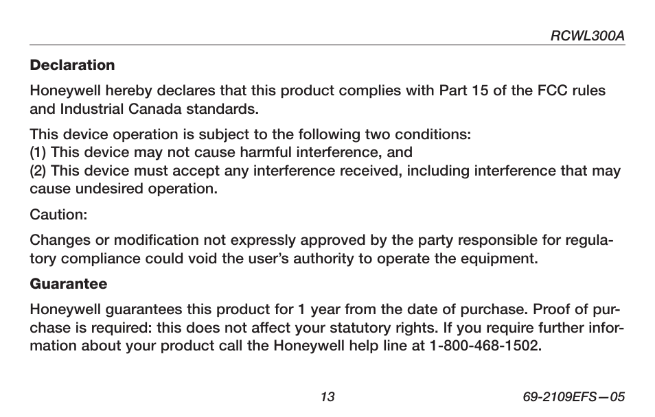 Honeywell RCWL300A User Manual | Page 15 / 48