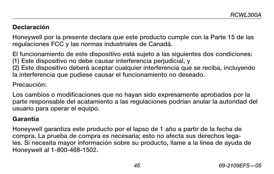 Honeywell RCWL300A User Manual | Page 47 / 48