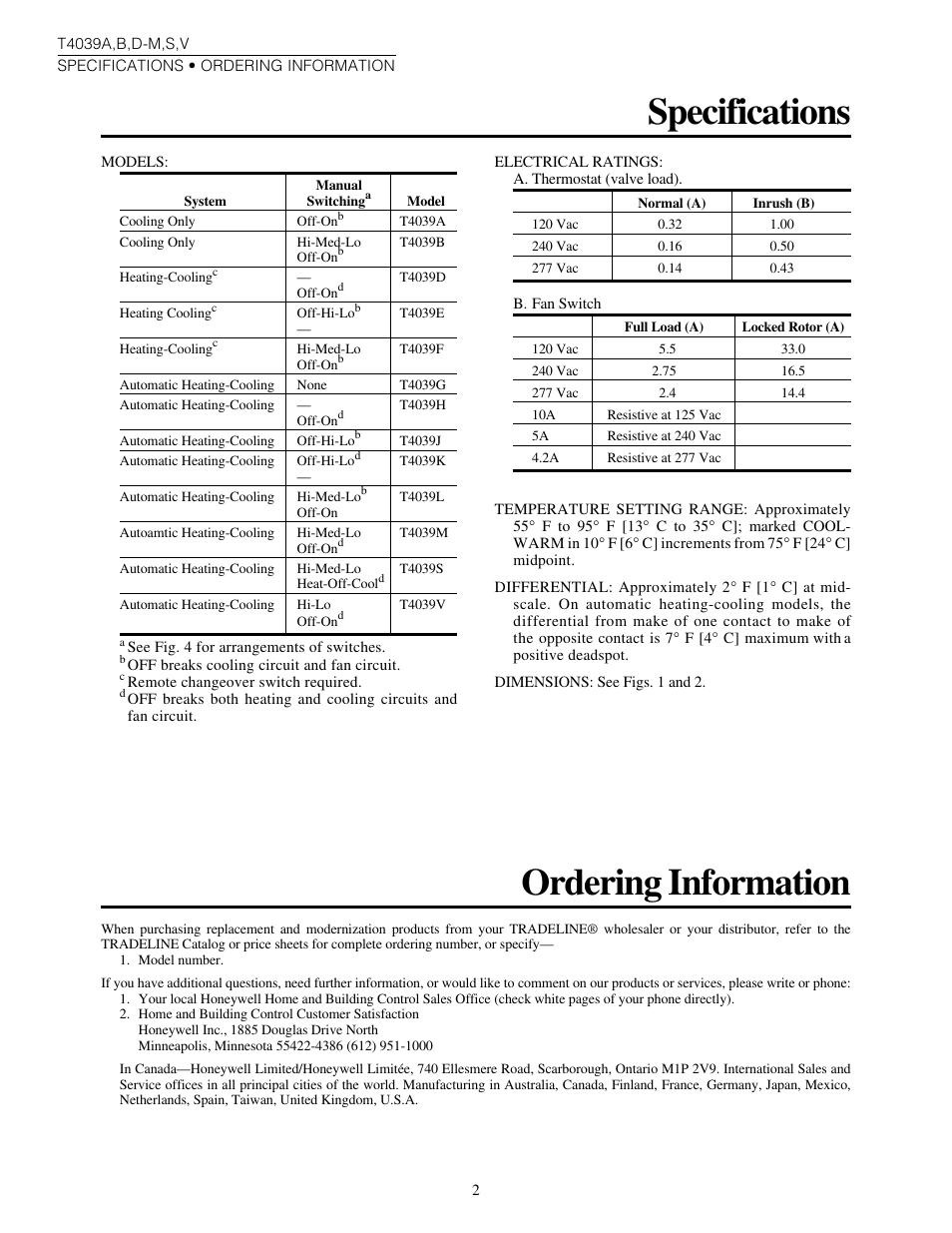 Specifications, Ordering information | Honeywell T4039A User Manual | Page 2 / 8