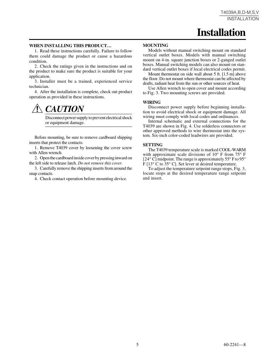 Installation, Caution | Honeywell T4039A User Manual | Page 5 / 8