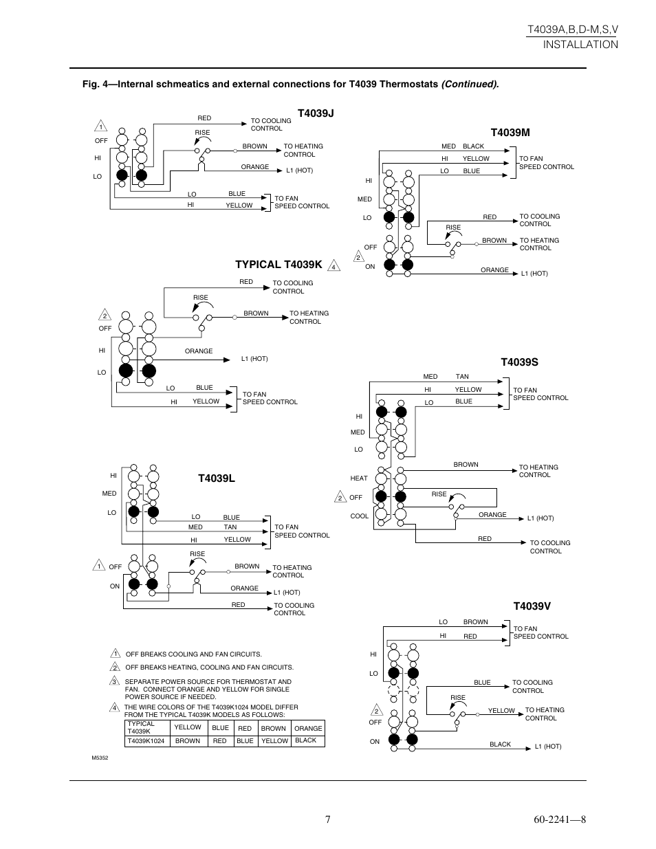 T4039j, T4039m, T4039v | T4039s, Typical t4039k, T4039l | Honeywell T4039A User Manual | Page 7 / 8