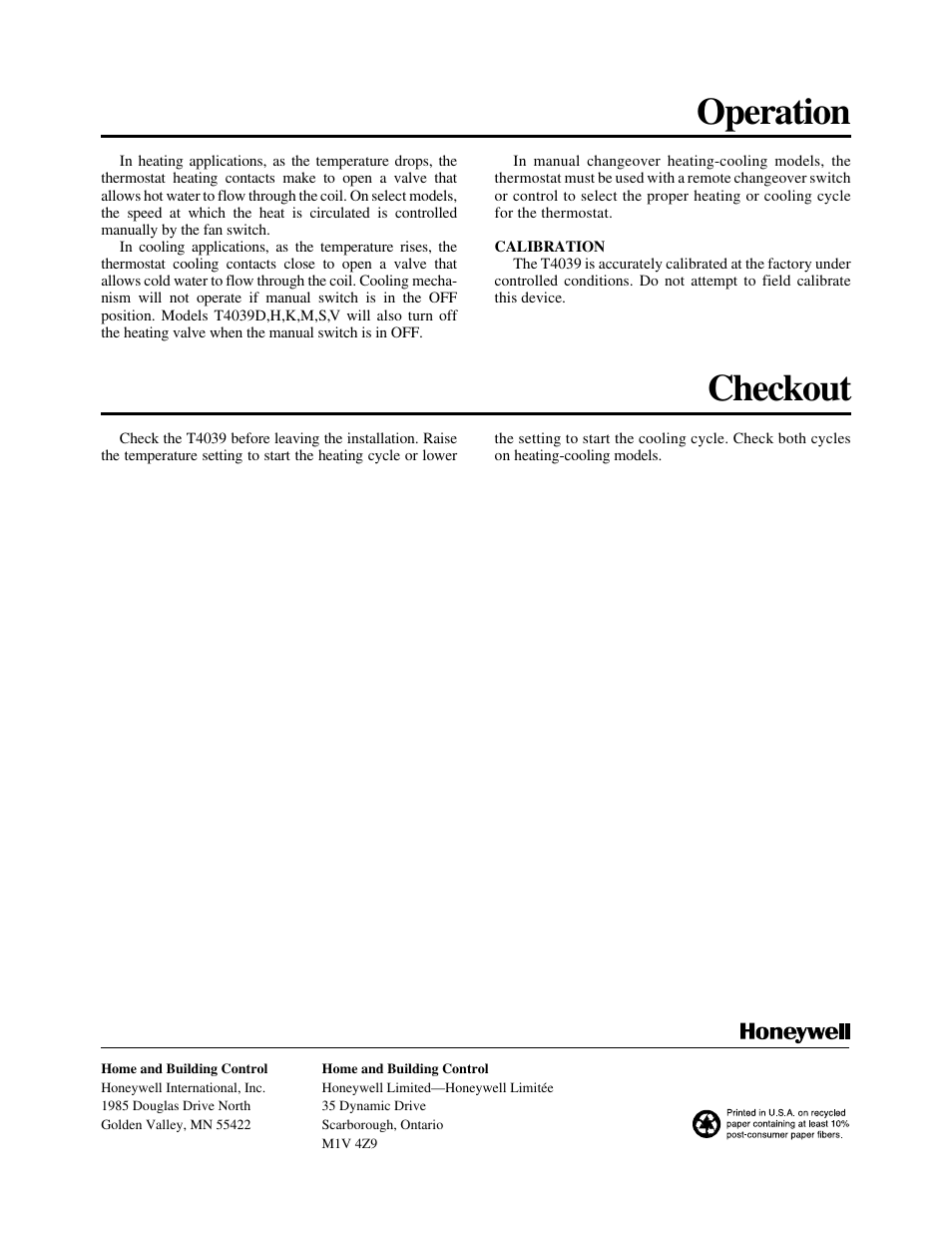 Operation, Checkout | Honeywell T4039A User Manual | Page 8 / 8