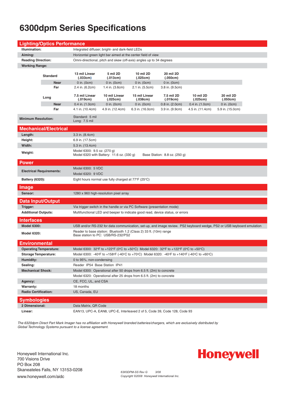 6300dpm series specifications, Lighting/optics performance, Mechanical/electrical | Power, Image, Data input/output, Interfaces, Environmental, Symbologies | Honeywell 6320dpm User Manual | Page 2 / 2