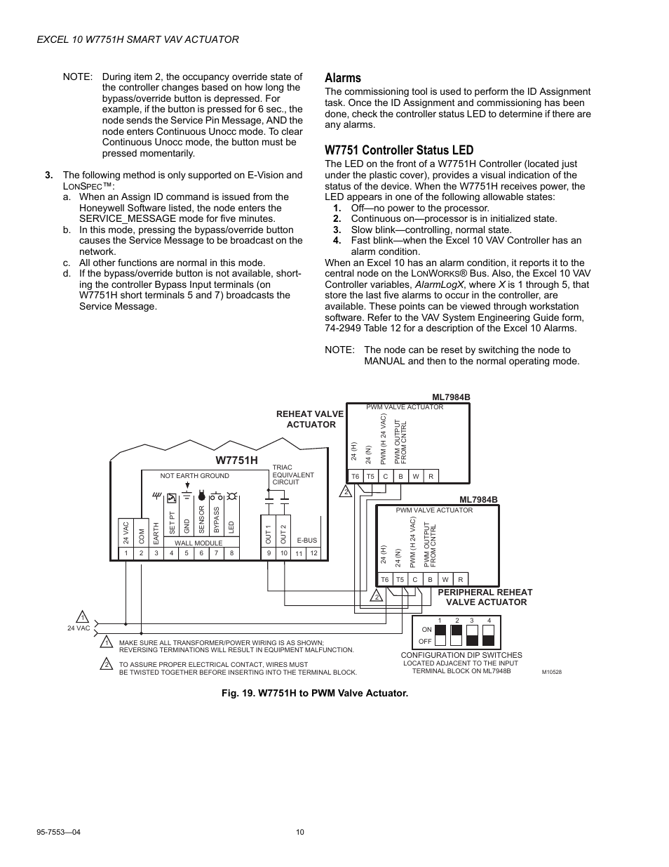 Alarms, W7751 controller status led, W7751h | Honeywell EXCEL 10 W7751H User Manual | Page 10 / 12