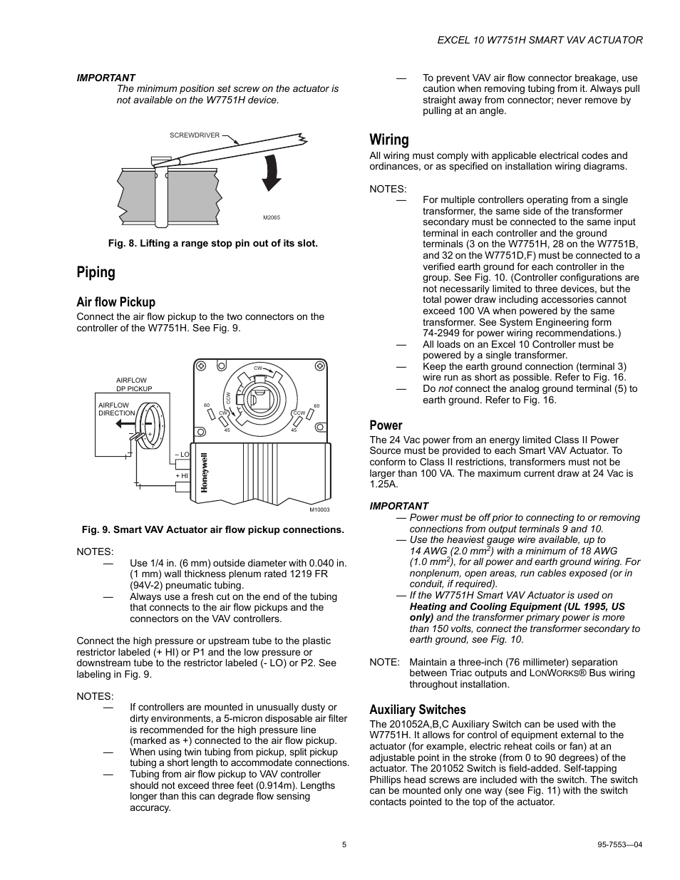 Piping, Wiring, Air flow pickup | Power, Auxiliary switches | Honeywell EXCEL 10 W7751H User Manual | Page 5 / 12