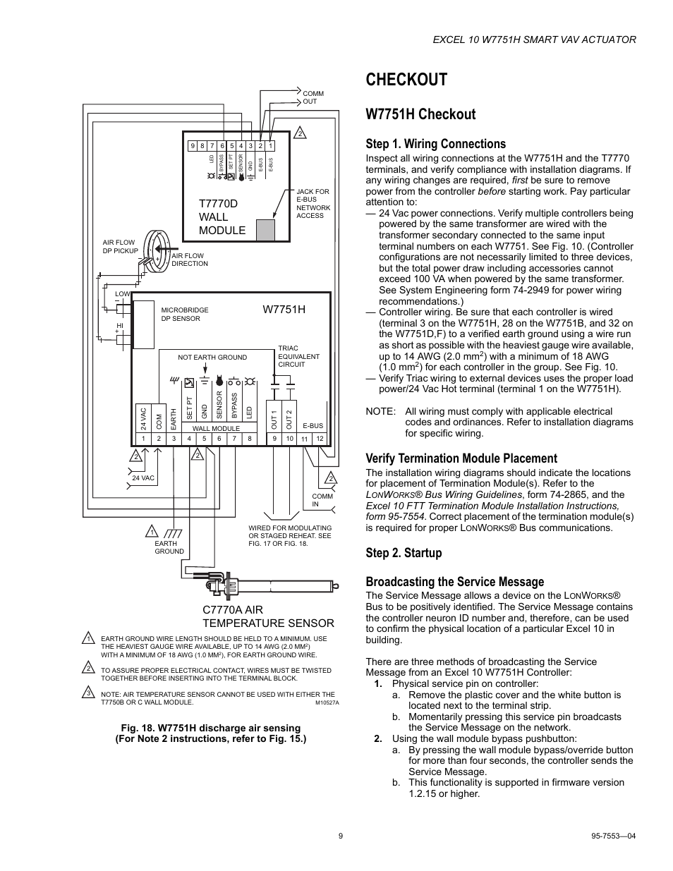 Checkout, W7751h checkout, Step 1. wiring connections | Verify termination module placement, Step 2. startup broadcasting the service message, T7770d wall module | Honeywell EXCEL 10 W7751H User Manual | Page 9 / 12