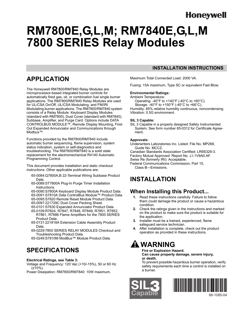 Honeywell RM7800G User Manual | 16 pages