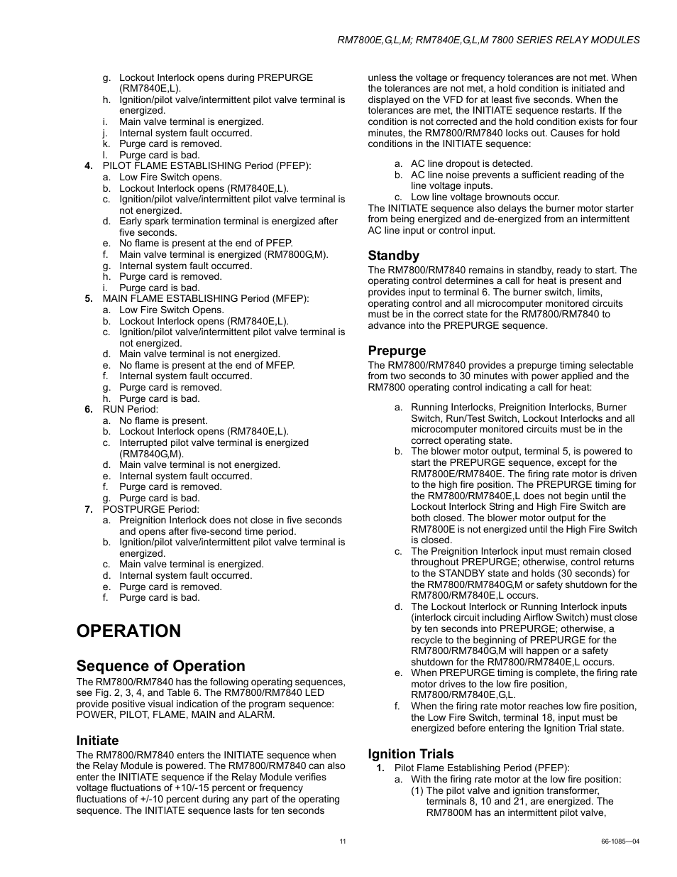 Operation, Sequence of operation, Initiate | Standby, Prepurge, Ignition trials | Honeywell RM7800G User Manual | Page 11 / 16