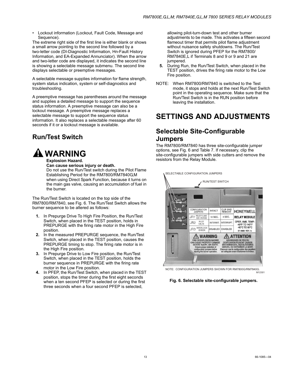 Run/test switch, Settings and adjustments, Selectable site-configurable jumpers | Warning | Honeywell RM7800G User Manual | Page 13 / 16