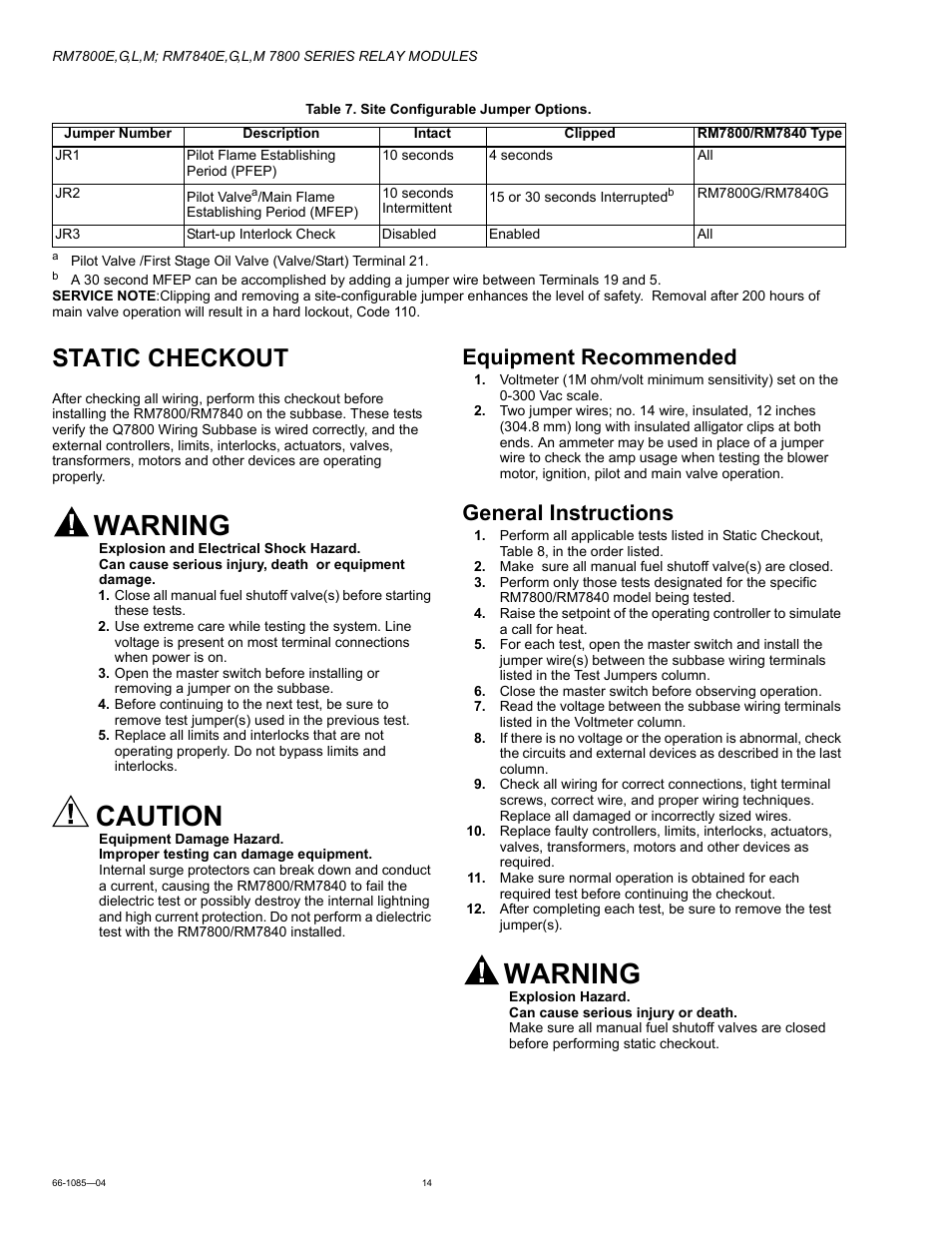 Static checkout, Equipment recommended, General instructions | Warning, Caution | Honeywell RM7800G User Manual | Page 14 / 16