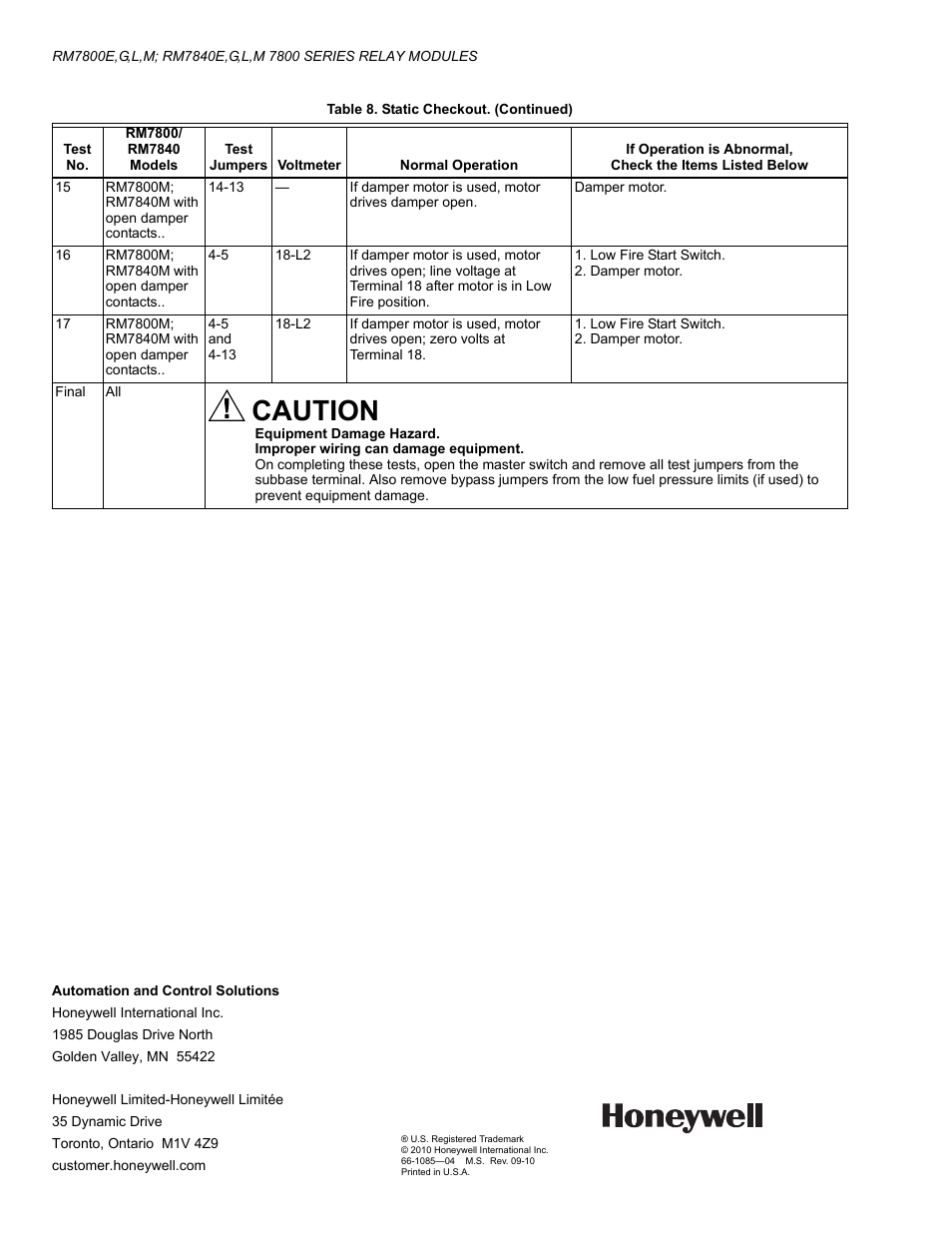 Caution | Honeywell RM7800G User Manual | Page 16 / 16