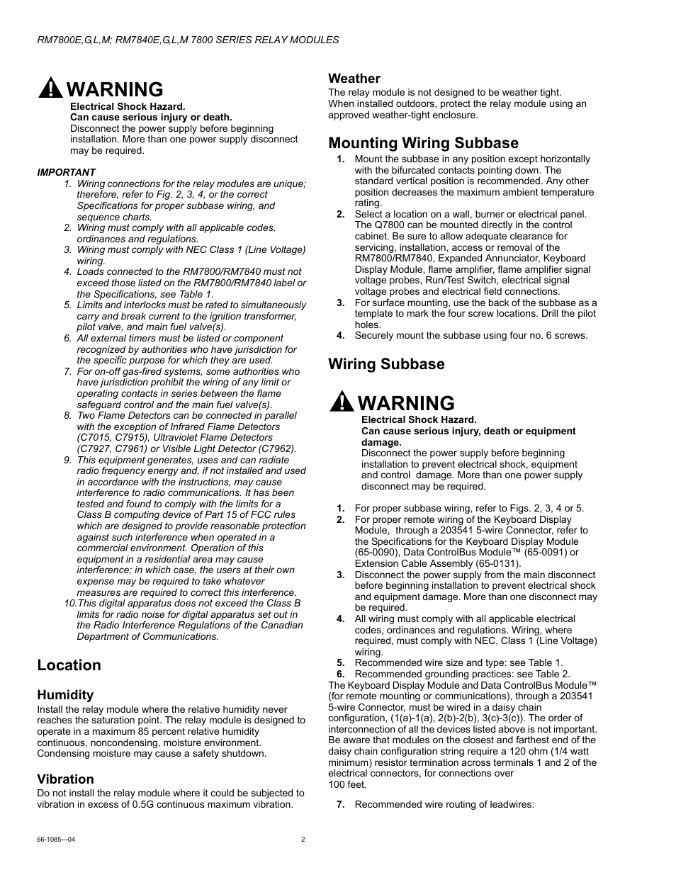Location, Mounting wiring subbase, Wiring subbase | Warning, Humidity, Vibration, Weather | Honeywell RM7800G User Manual | Page 2 / 16