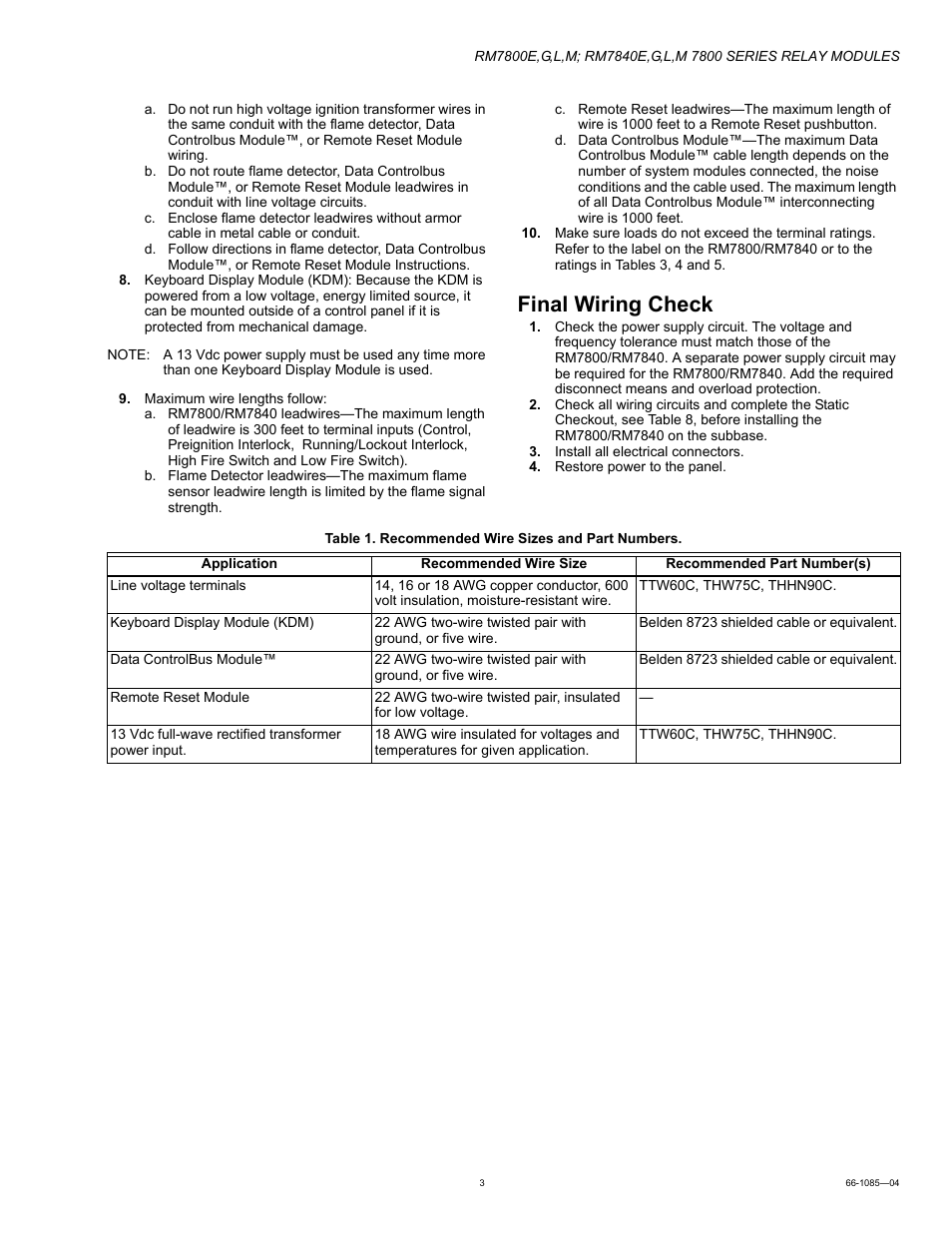 Final wiring check | Honeywell RM7800G User Manual | Page 3 / 16
