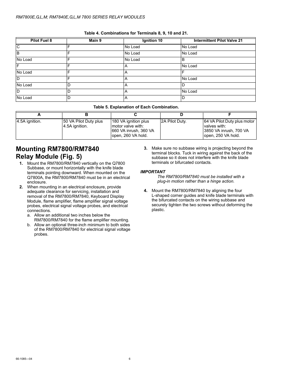 Mounting rm7800/rm7840 relay module (fig. 5) | Honeywell RM7800G User Manual | Page 6 / 16