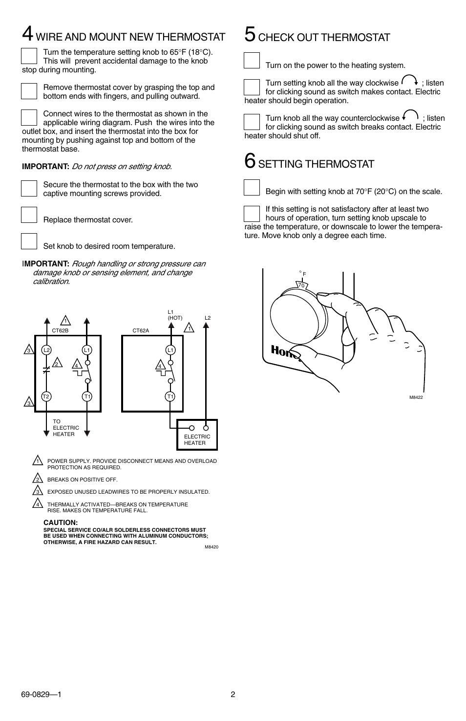 Wire and mount new thermostat, Check out thermostat, Setting thermostat | Honeywell CT62A User Manual | Page 2 / 4