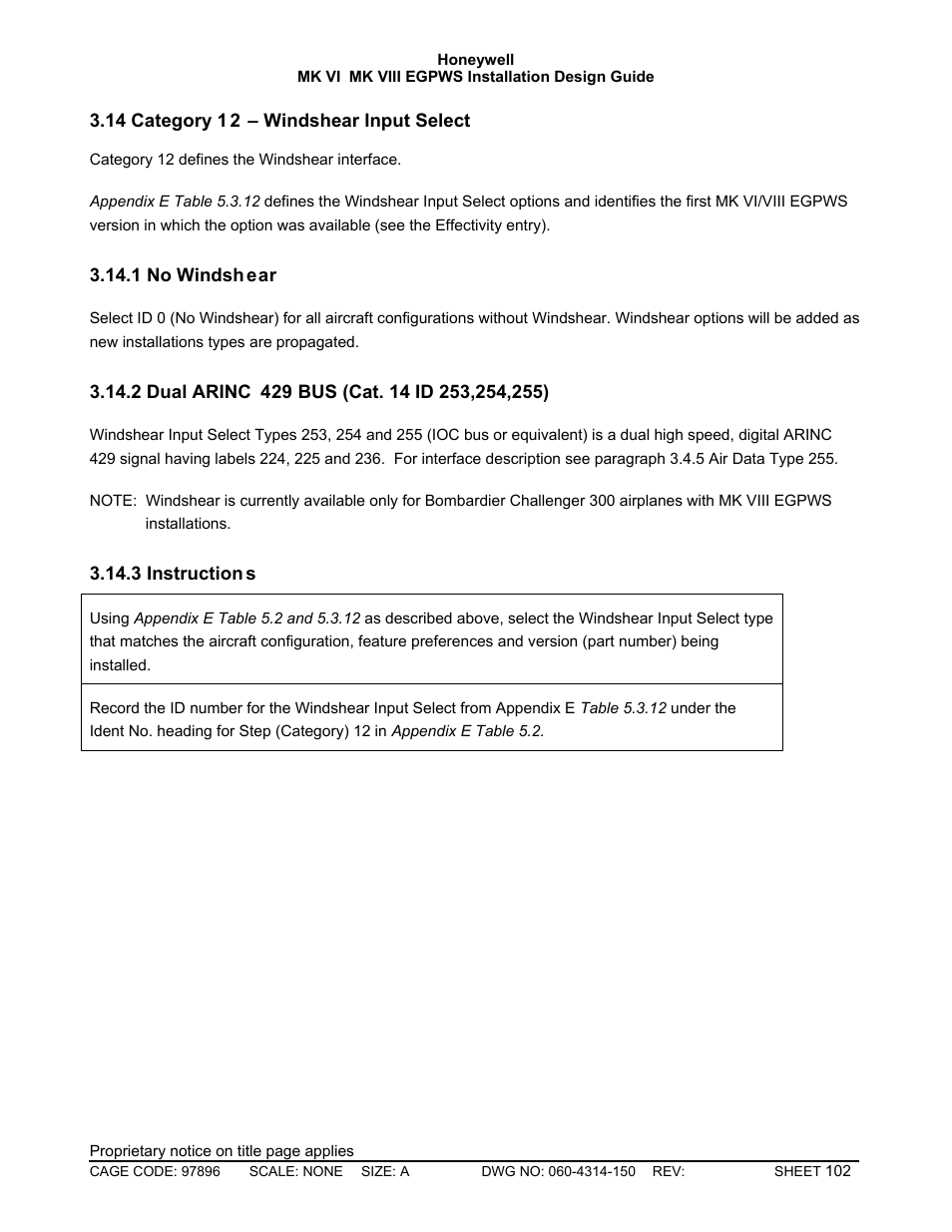 Category 12 – windshear input select, No windshear, Dual arinc 429 bus (cat. 14 id 253,254,255) | Instructions | Honeywell MK VI User Manual | Page 102 / 326