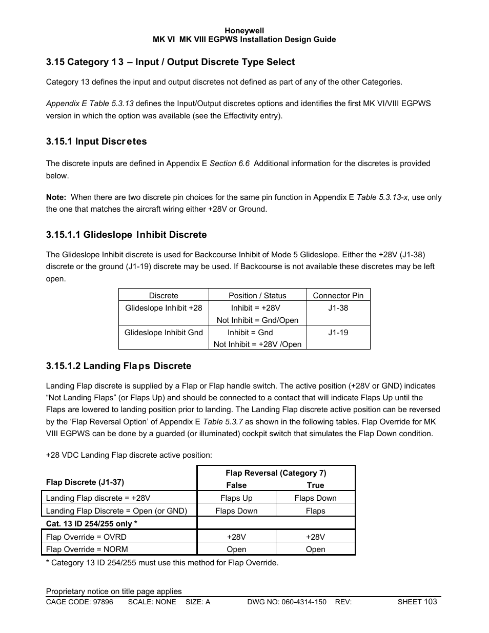 Category 13 – input / output discrete type select, Input discretes, Glideslope inhibit discrete | Landing flaps discrete | Honeywell MK VI User Manual | Page 103 / 326