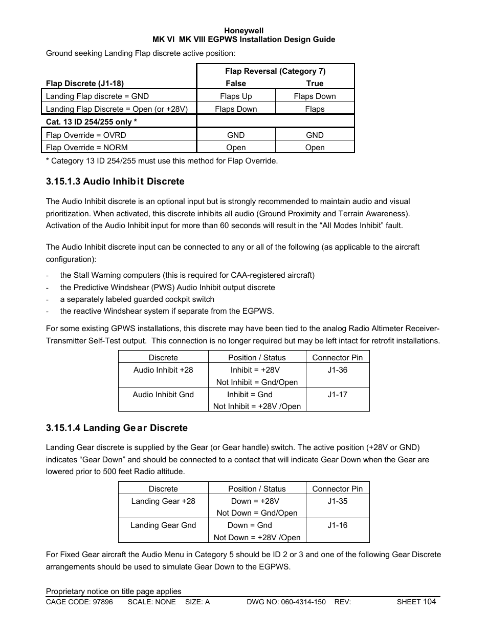 Audio inhibit discrete, Landing gear discrete | Honeywell MK VI User Manual | Page 104 / 326