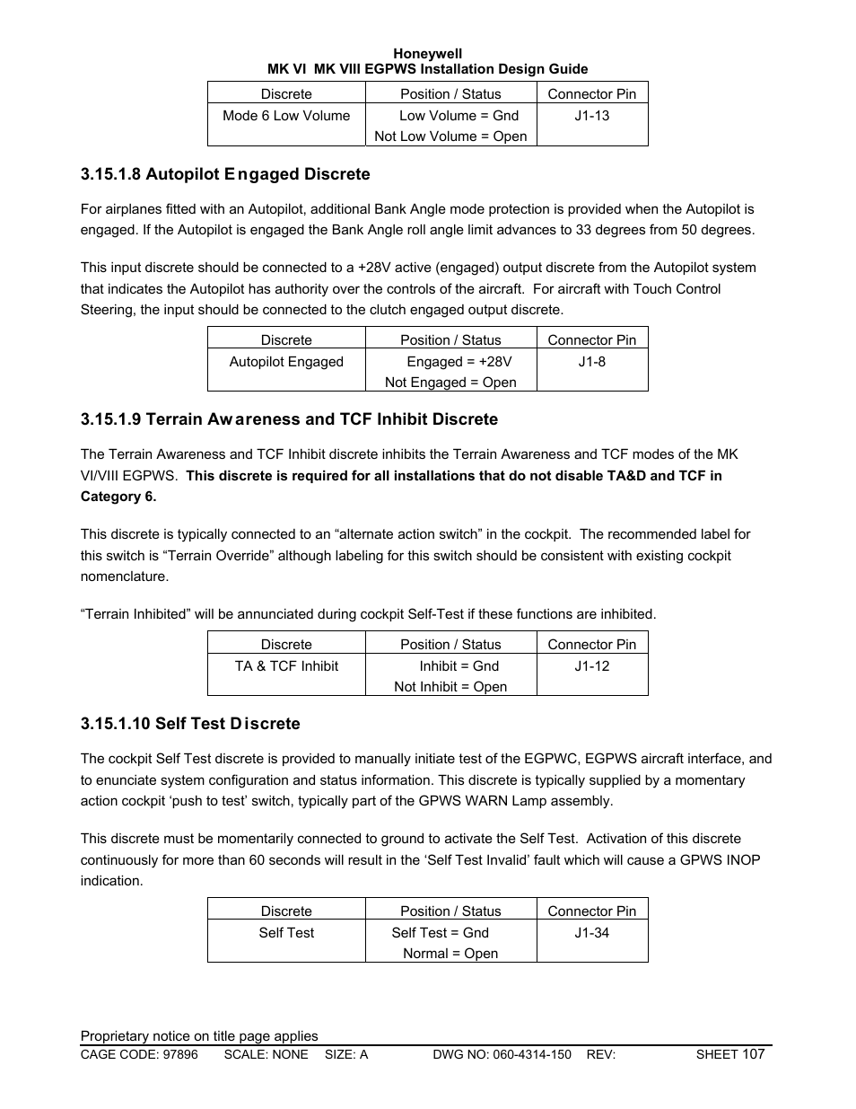 Autopilot engaged discrete, Terrain awareness and tcf inhibit discrete, Self test discrete | Honeywell MK VI User Manual | Page 107 / 326
