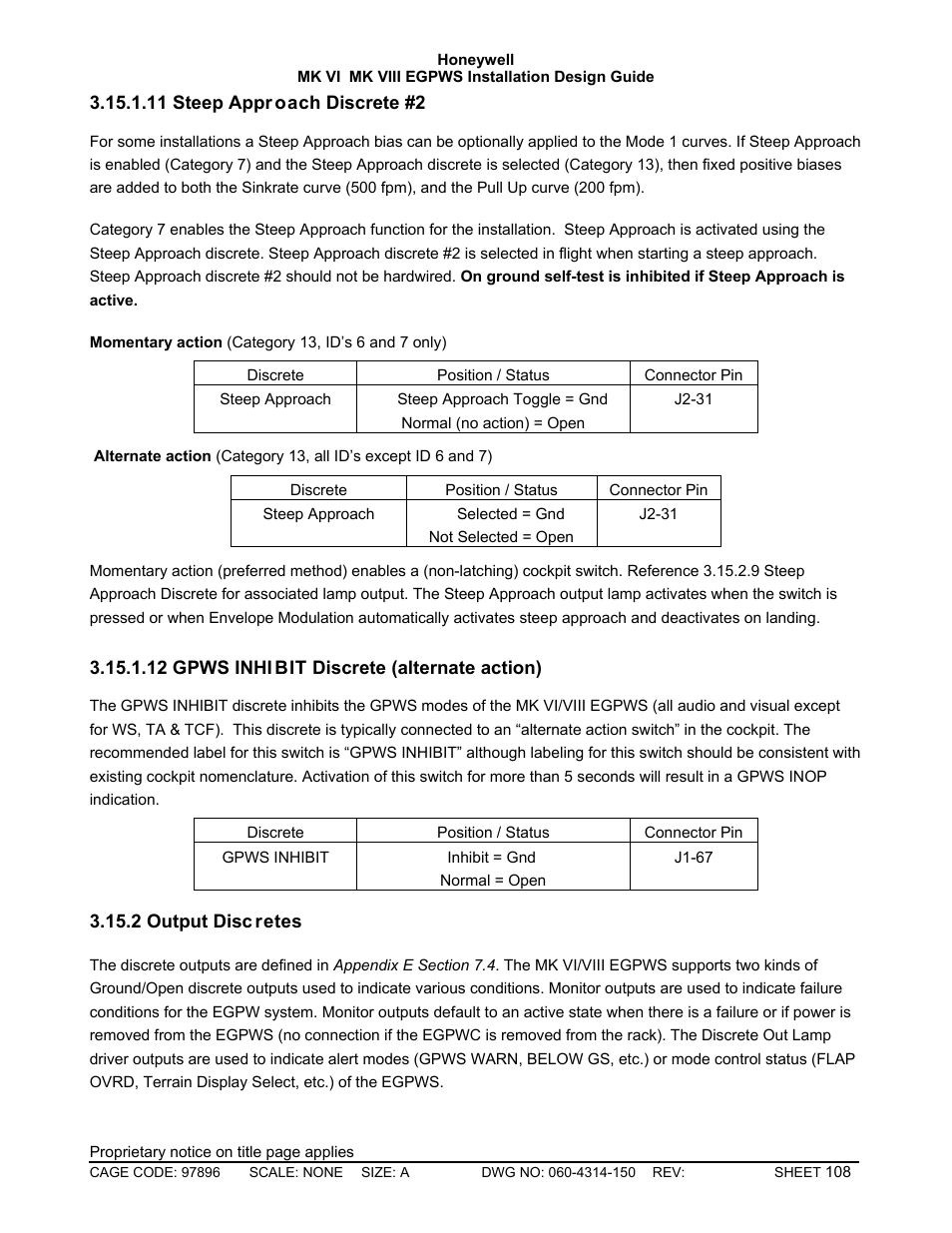 Glideslope cancel discrete, Momentary flap override discrete, Mode 6 low volume discrete | Honeywell MK VI User Manual | Page 108 / 326