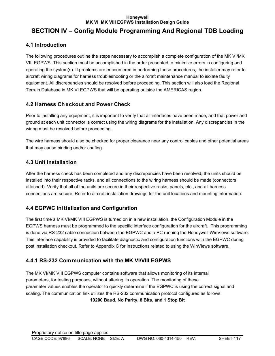 Config module programming and region, Introduction, Harness checkout and power check | Unit installation, Egpwc initialization and configuration, Rs-232 communication with the mk vi/viii egpws | Honeywell MK VI User Manual | Page 117 / 326