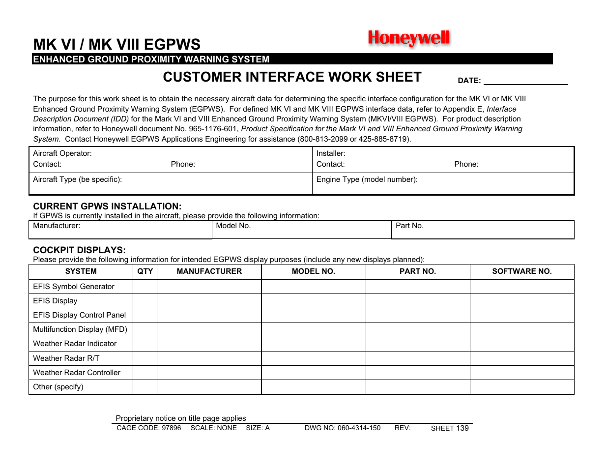 Customer worksheet, Mk vi / mk viii egpws, Customer interface work sheet | Honeywell MK VI User Manual | Page 139 / 326