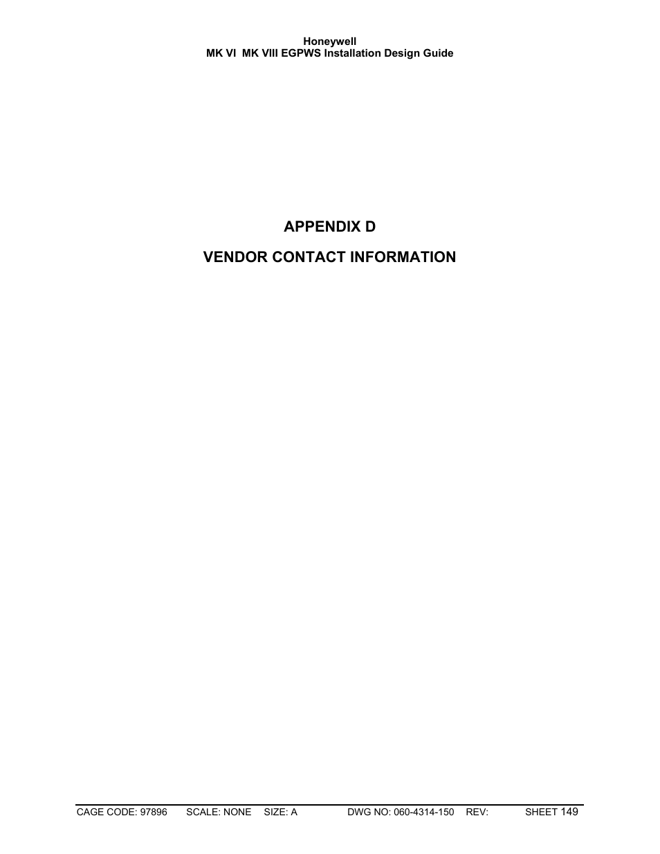 Appendix d, Appendix d vendor contact information | Honeywell MK VI User Manual | Page 149 / 326