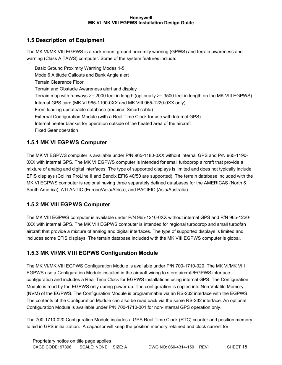 Description of equipment, Mk vi egpws computer, Mk viii egpws computer | Mk vi/mk viii egpws configuration module | Honeywell MK VI User Manual | Page 15 / 326