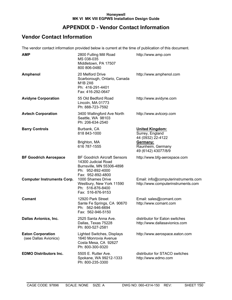 Vendor contact information | Honeywell MK VI User Manual | Page 150 / 326