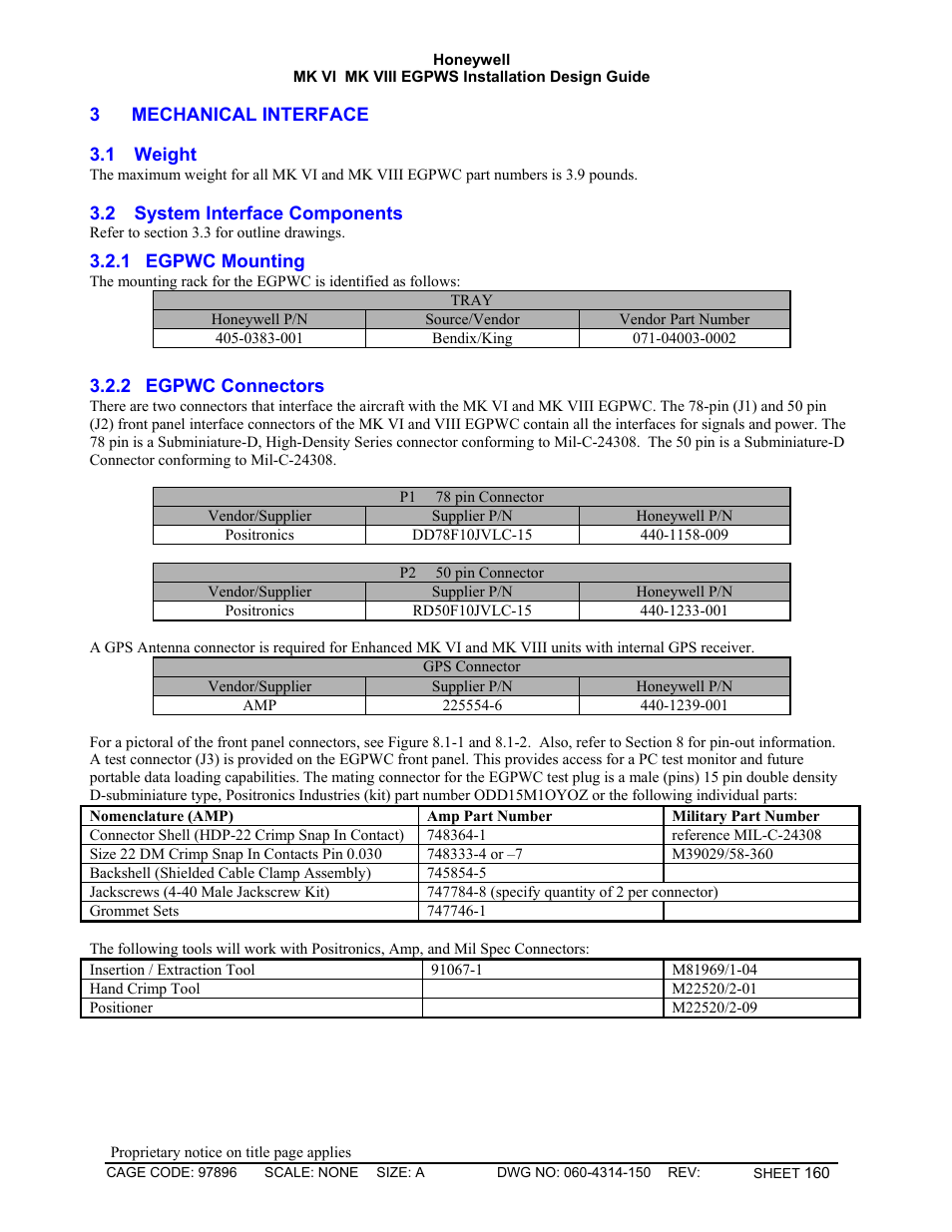 Mechanical interface, Weight, System interface components | Egpwc mounting, Egpwc connectors | Honeywell MK VI User Manual | Page 160 / 326