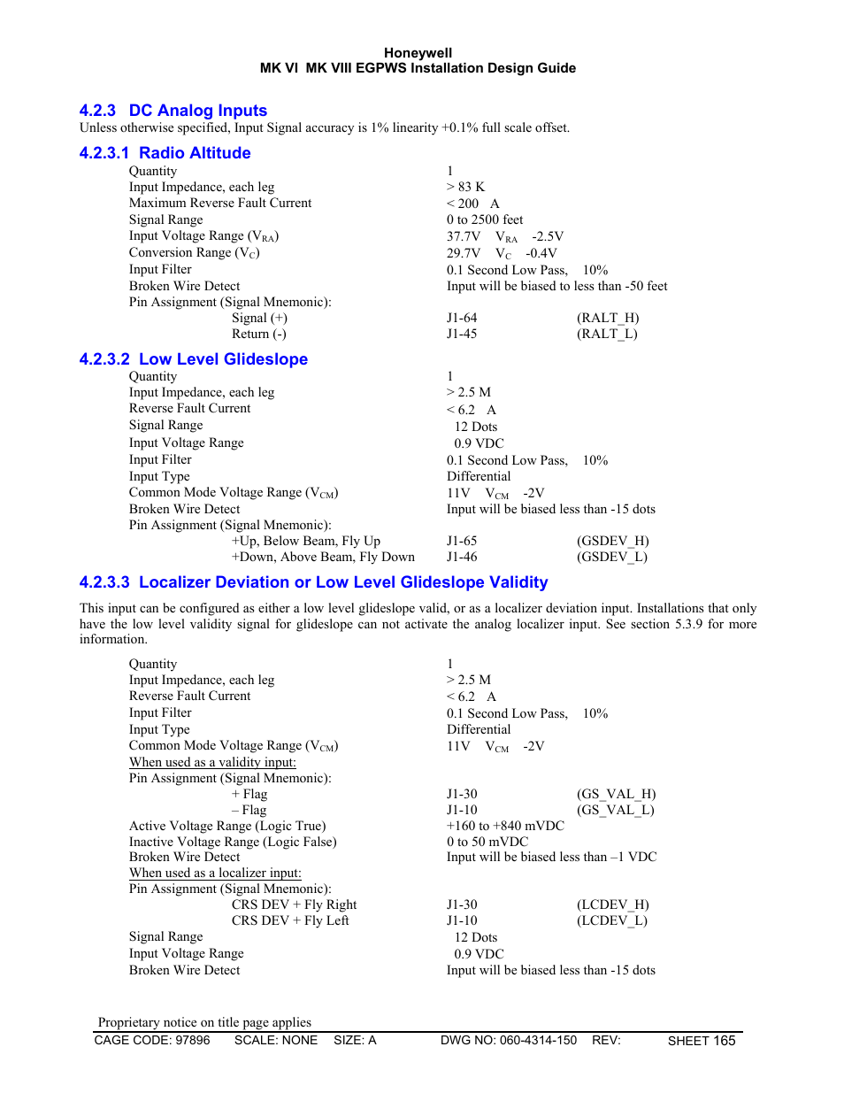 Dc analog inputs, Radio altitude, Low level glideslope | Honeywell MK VI User Manual | Page 165 / 326