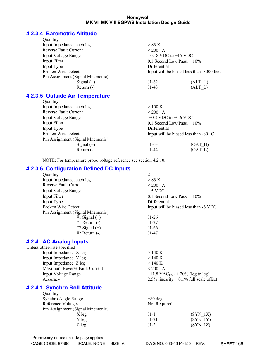 Barometric altitude, Outside air temperature, Configuration defined dc inputs | Ac analog inputs, Synchro roll attitude | Honeywell MK VI User Manual | Page 166 / 326