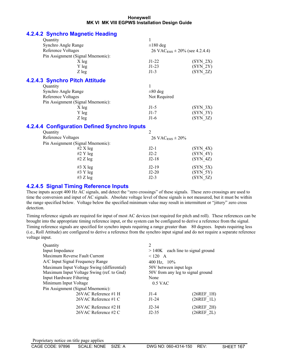 Synchro magnetic heading, Synchro pitch attitude, Configuration defined synchro inputs | Signal timing reference inputs | Honeywell MK VI User Manual | Page 167 / 326