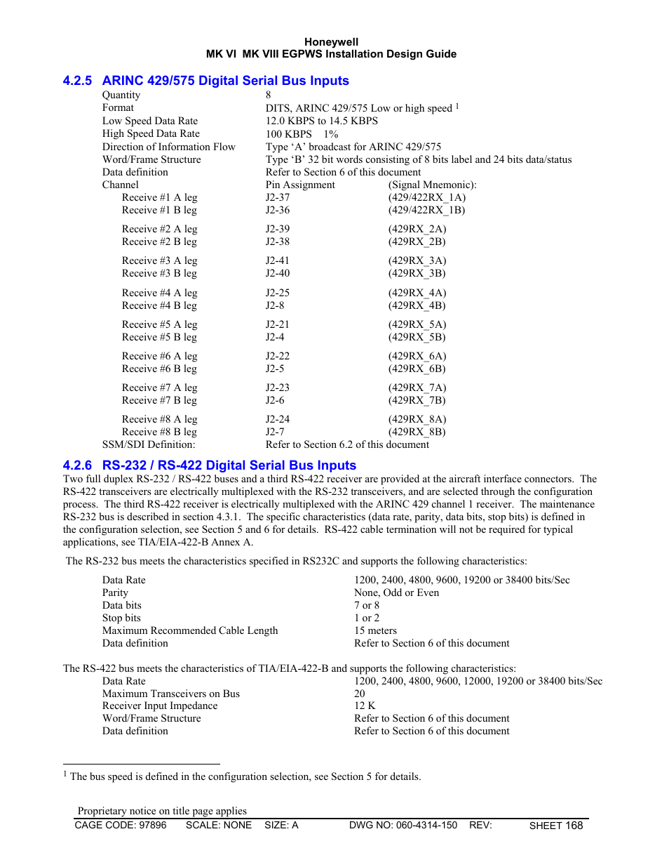 Arinc 429/575 digital serial bus inputs, Rs-232 / rs-422 digital serial bus inputs | Honeywell MK VI User Manual | Page 168 / 326