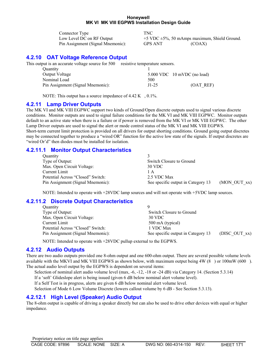 Oat voltage reference output, Lamp driver outputs, Monitor output characteristics | Discrete output characteristics, Audio outputs, High level (speaker) audio output | Honeywell MK VI User Manual | Page 171 / 326