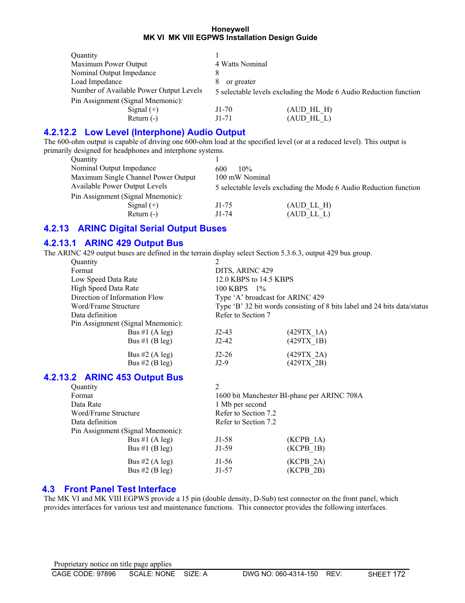 Low level (interphone) audio output, Arinc digital serial output buses, Arinc 429 output bus | Arinc 453 output bus, Front panel test interface | Honeywell MK VI User Manual | Page 172 / 326