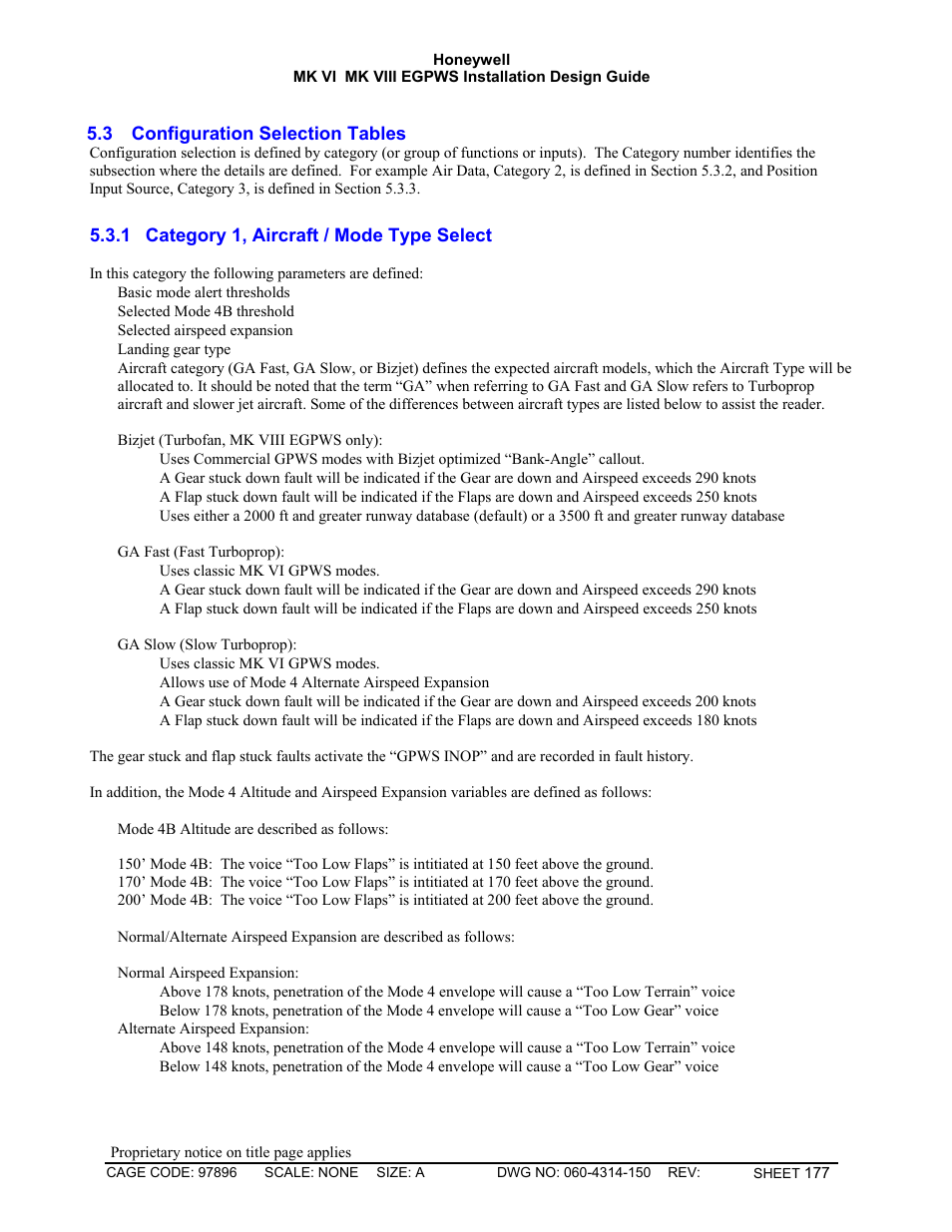 Configuration selection tables, Category 1, aircraft / mode type select | Honeywell MK VI User Manual | Page 177 / 326