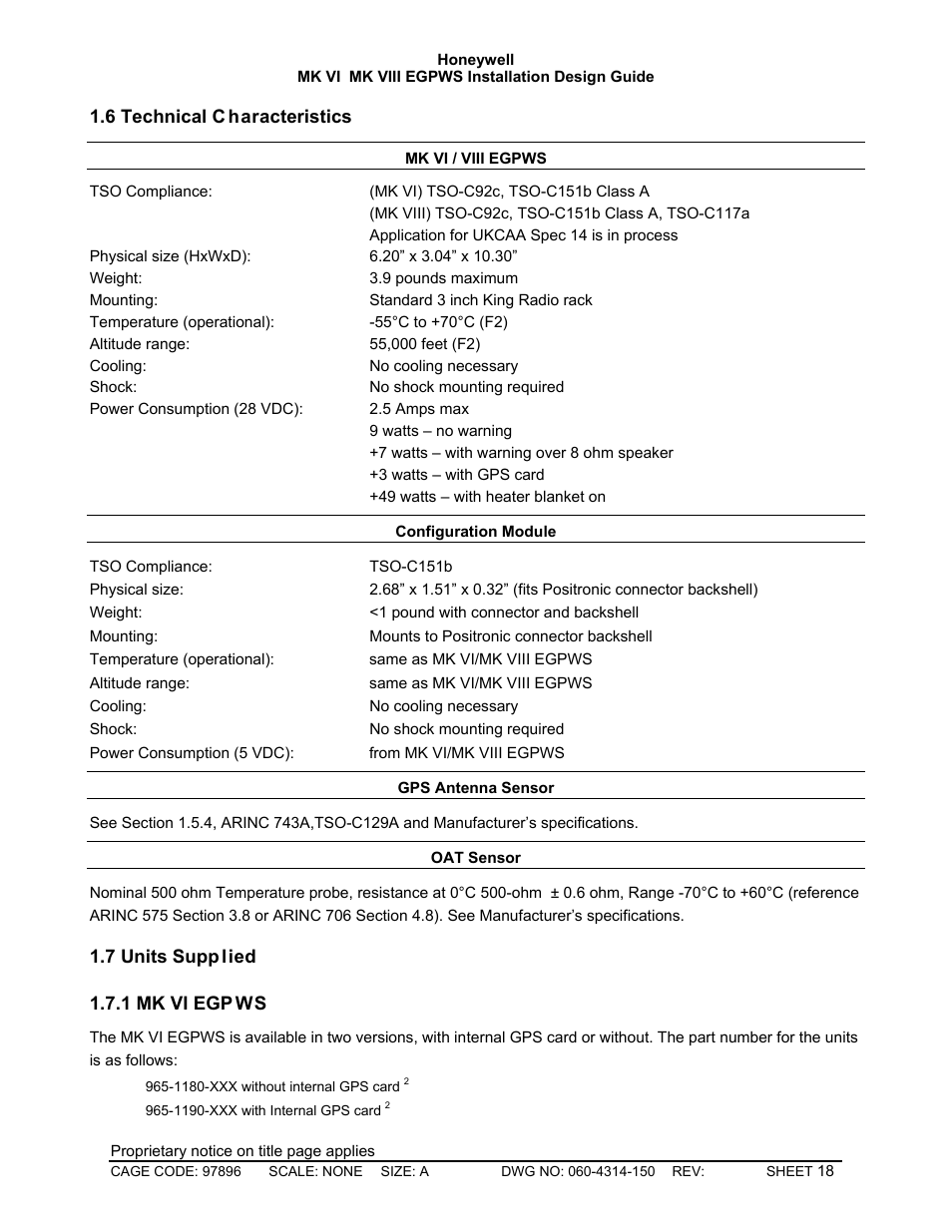 Technical characteristics, Units supplied, Mk vi egpws | Honeywell MK VI User Manual | Page 18 / 326