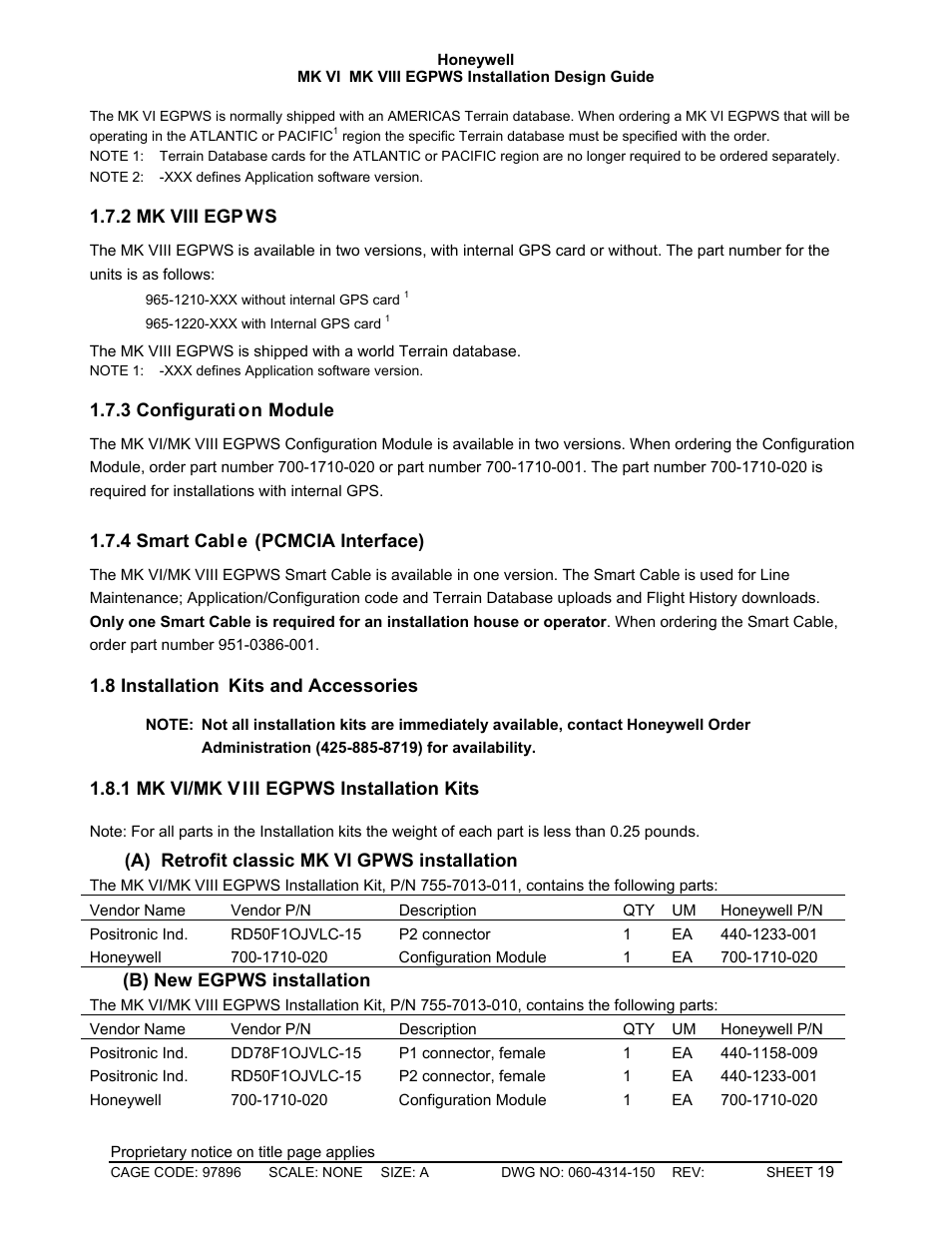 Mk viii egpws, Configuration module, Smart cable (pcmcia interface) | Installation kits and accessories, Mk vi/mk viii egpws installation kits | Honeywell MK VI User Manual | Page 19 / 326