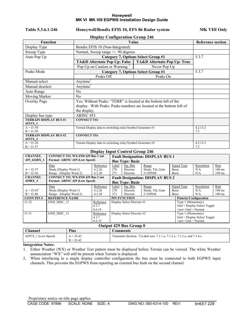 Display input control group 246, Output 429 bus group 0 | Honeywell MK VI User Manual | Page 229 / 326