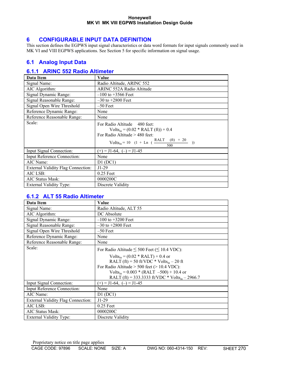 Configurable input data definition, Analog input data, Arinc 552 radio altimeter | Alt 55 radio altimeter | Honeywell MK VI User Manual | Page 270 / 326