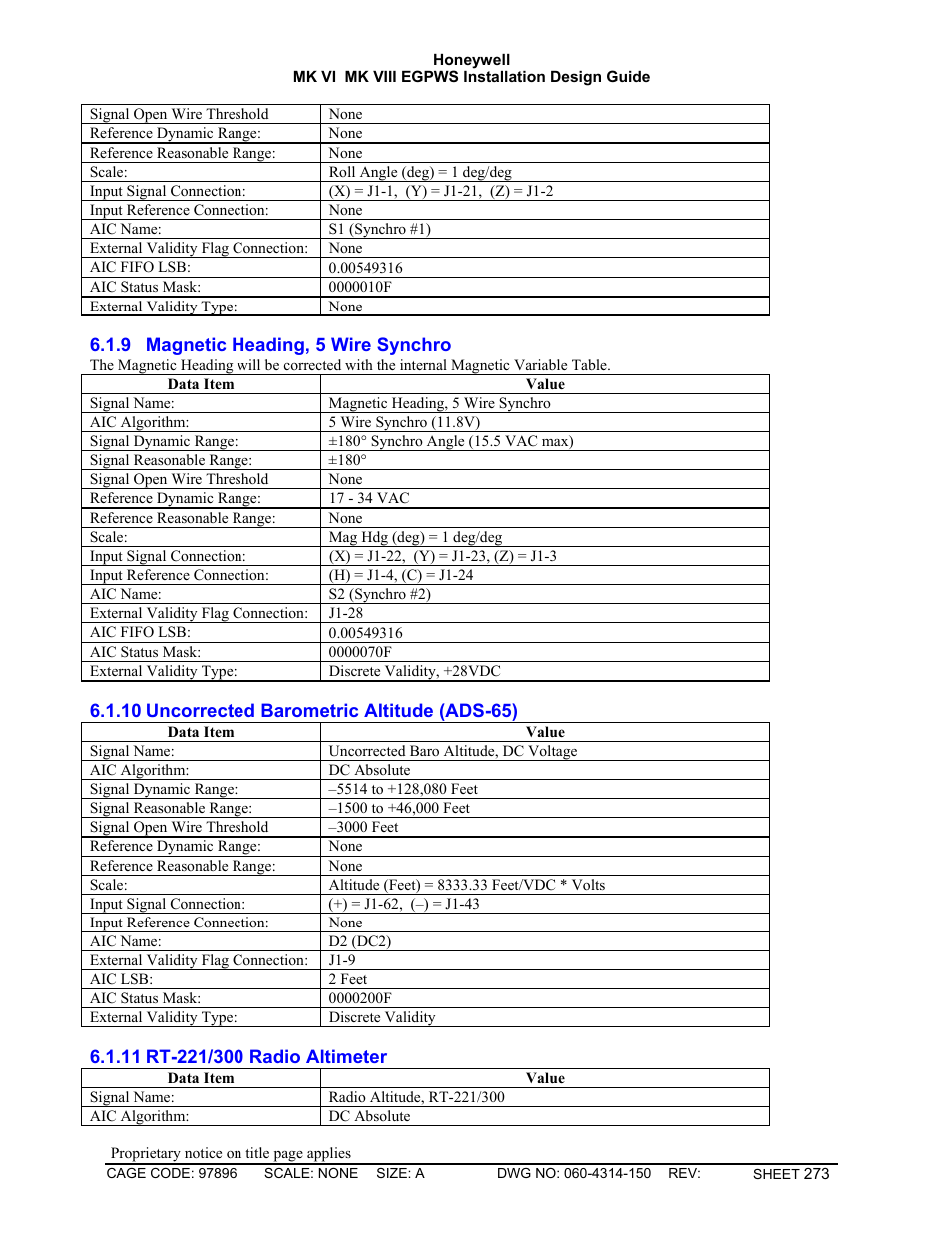 Magnetic heading, 5 wire synchro, Uncorrected barometric altitude (ads-65), Rt-221/300 radio altimeter | Honeywell MK VI User Manual | Page 273 / 326