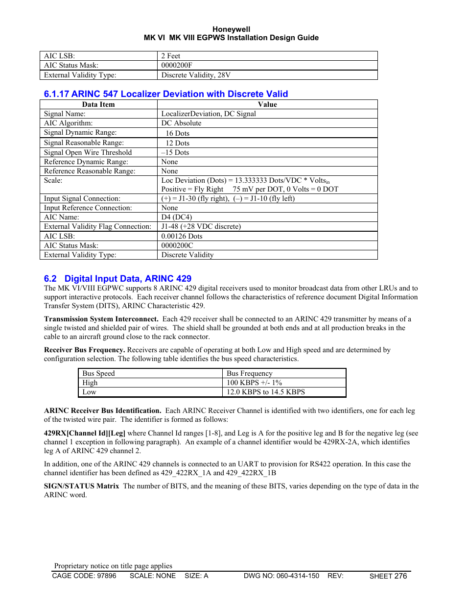 Arinc 547 localizer deviation with discrete valid, Digital input data, arinc 429 | Honeywell MK VI User Manual | Page 276 / 326