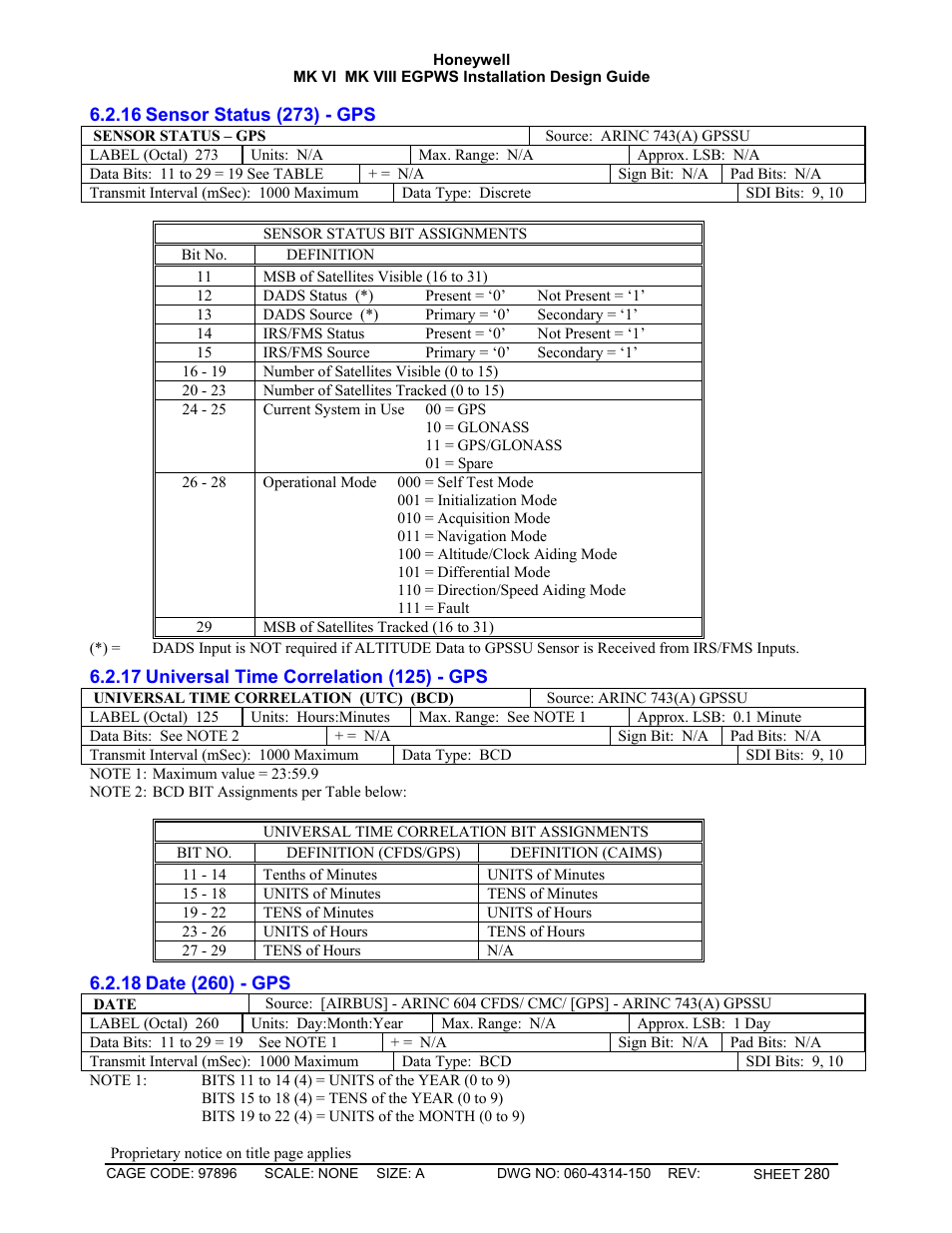 Sensor status (273) - gps, Universal time correlation (125) - gps, Date (260) - gps | Honeywell MK VI User Manual | Page 280 / 326