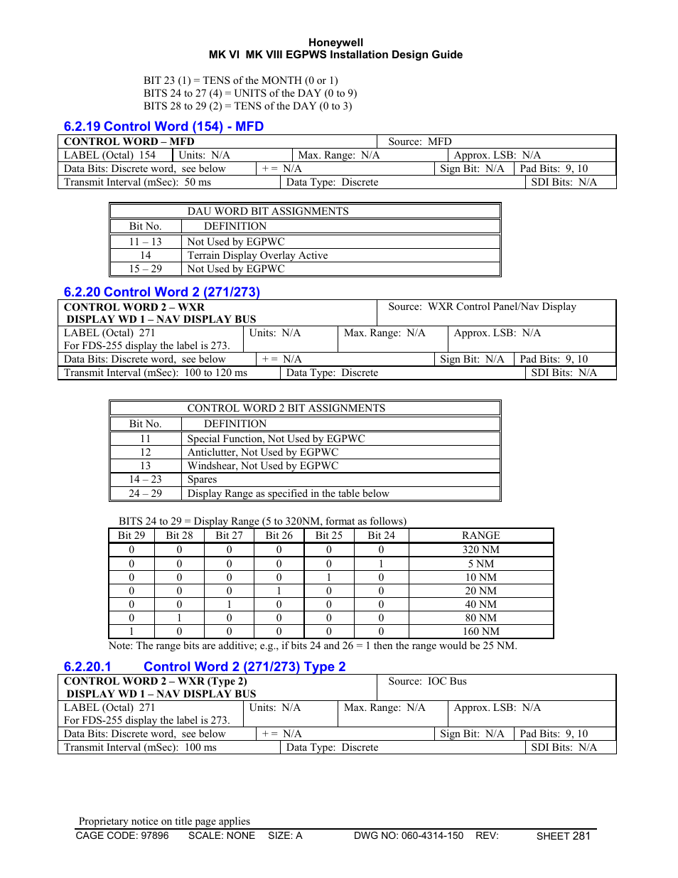 Control word (154) - mfd, Control word 2 (271/273), Control word 2 (271/273) type 2 | Honeywell MK VI User Manual | Page 281 / 326