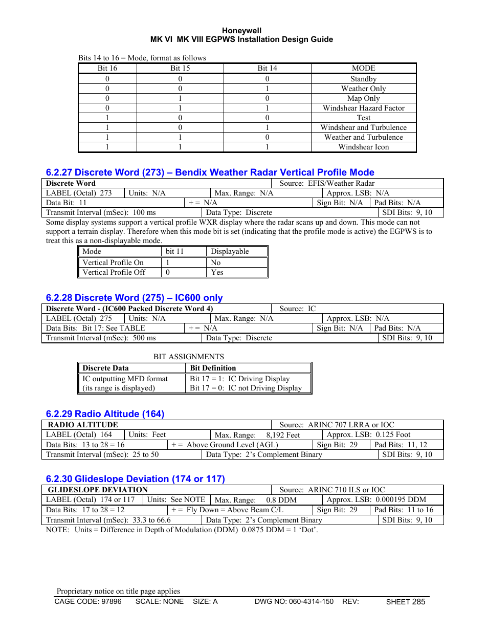 Discrete word \(273\) – bendix weather radar v, Discrete word \(275\) – ic600 only, Radio altitude (164) | Glideslope deviation (174 or 117) | Honeywell MK VI User Manual | Page 285 / 326