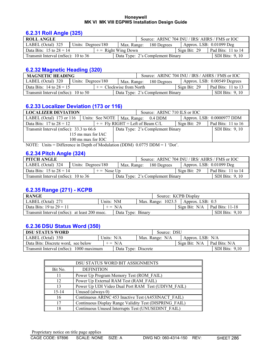 Roll angle (325), Magnetic heading (320), Localizer deviation (173 or 116) | Pitch angle (324), Range (271) - kcpb, Dsu status word (350) | Honeywell MK VI User Manual | Page 286 / 326