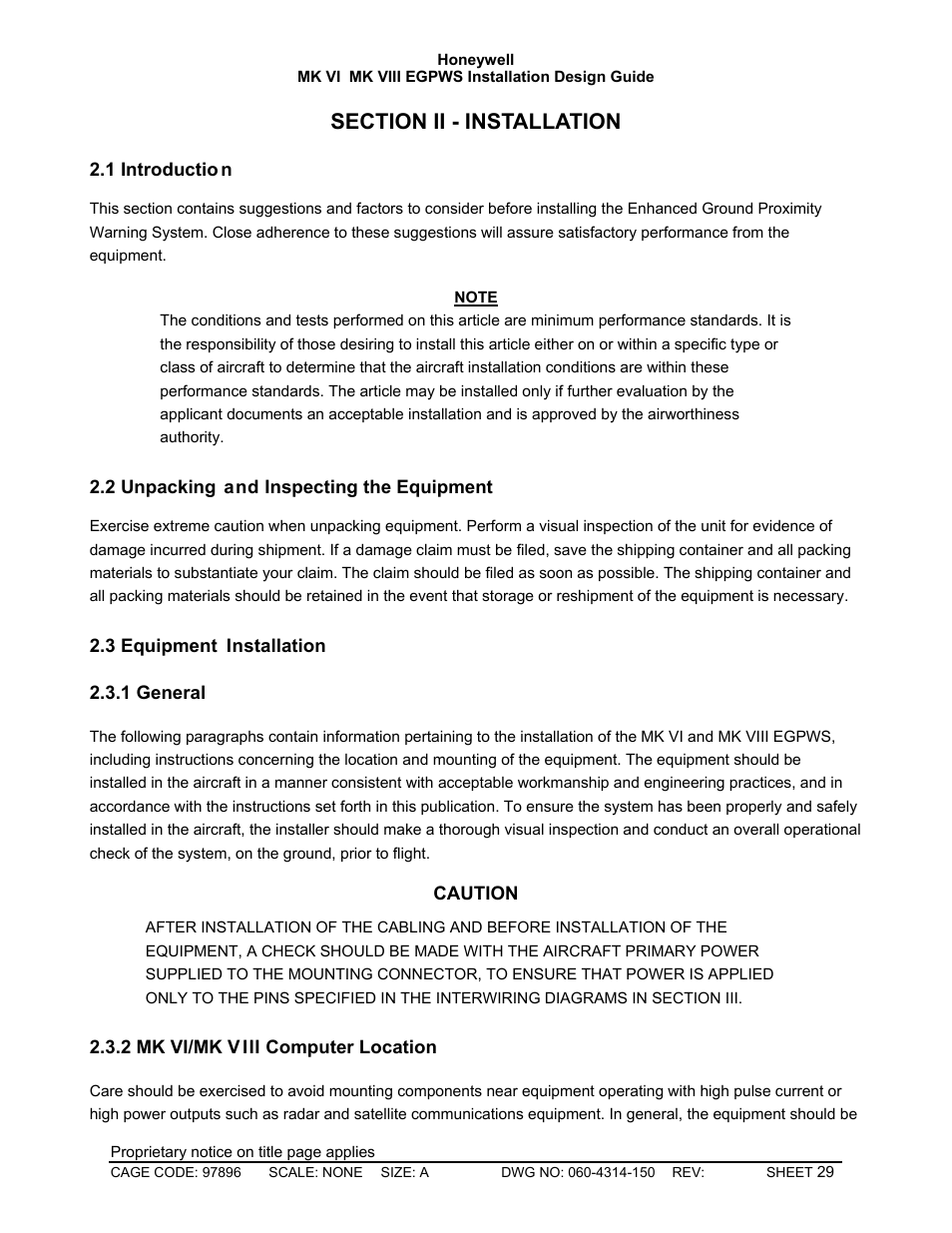 Installation, Introduction, Unpacking and inspecting the equipment | Equipment installation, General, Mk vi/mk viii computer location | Honeywell MK VI User Manual | Page 29 / 326