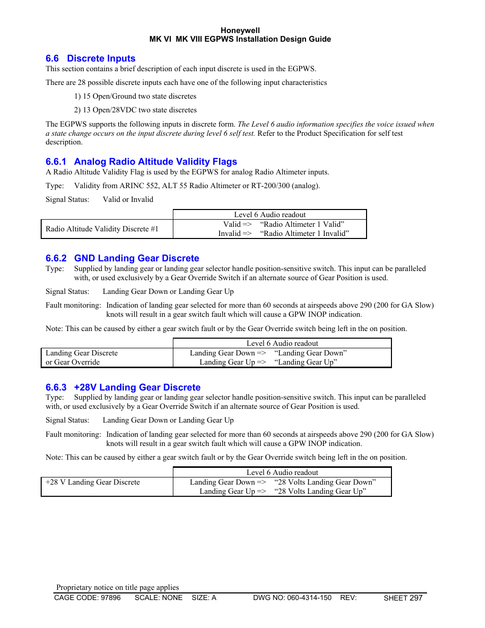 Discrete inputs, Analog radio altitude validity flags, Gnd landing gear discrete | 28v landing gear discrete | Honeywell MK VI User Manual | Page 297 / 326