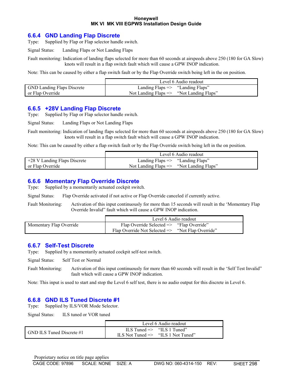 Gnd landing flap discrete, 28v landing flap discrete, Momentary flap override discrete | Self-test discrete, Gnd ils tuned discrete #1 | Honeywell MK VI User Manual | Page 298 / 326